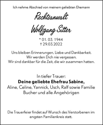Traueranzeige von Wolfgang Sitter von vrm-trauer Wormser Zeitung