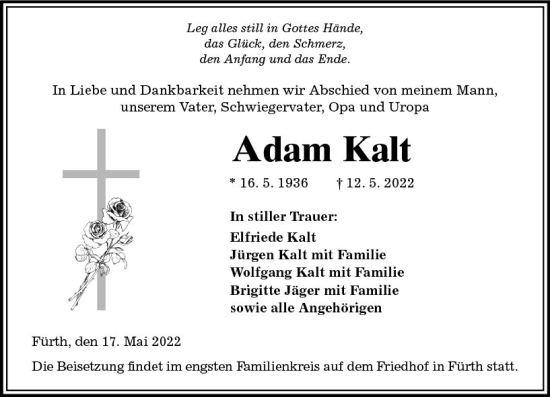 Traueranzeige von Adam Kalt von vrm-trauer Bürstädter/Lamperth. Ztg/Starkenburger