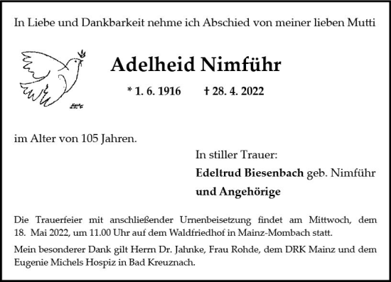 Traueranzeige von Adelheid Nimführ von vrm-trauer AZ Mainz