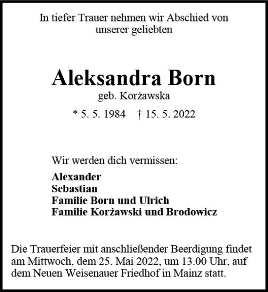 Traueranzeige von Aleksandra Born von vrm-trauer AZ Mainz