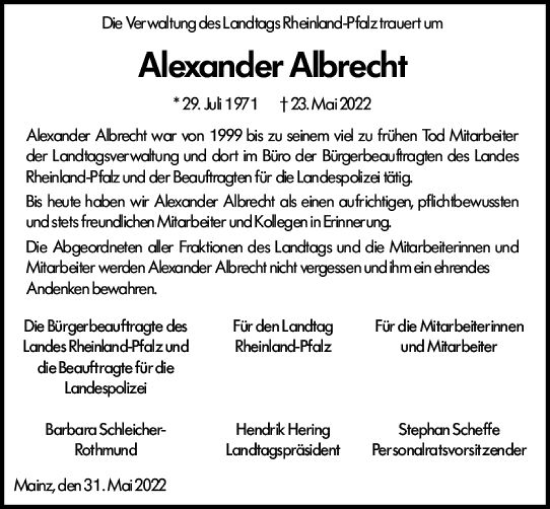 Traueranzeige von Alexander Albrecht von vrm-trauer AZ Mainz