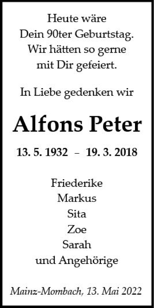 Traueranzeige von Alfons Peter von vrm-trauer AZ Mainz