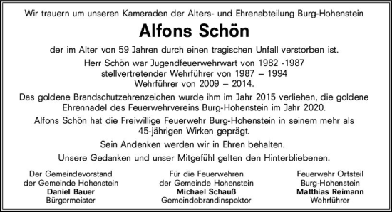 Traueranzeige von Alfons Schön von vrm-trauer WK-UTA
