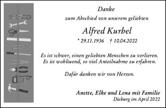 Traueranzeige von Alfred Kurbel von vrm-trauer DieburgerAnzeiger/Groß-Zimmerner Lokala