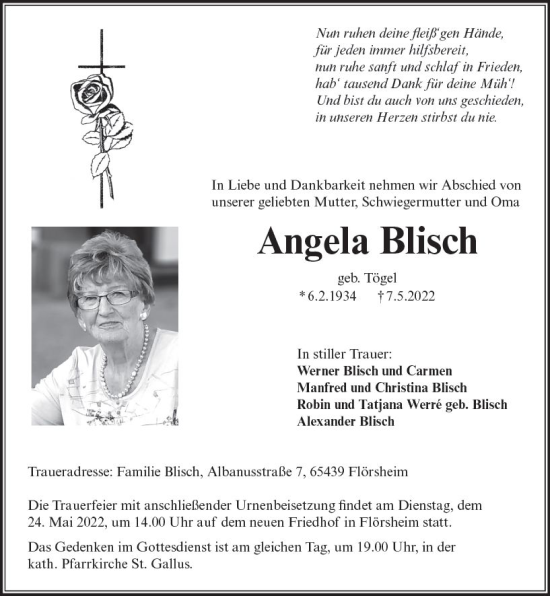 Traueranzeige von Angela Blisch von vrm-trauer Rüsselsheimer Echo / MainSpitze
