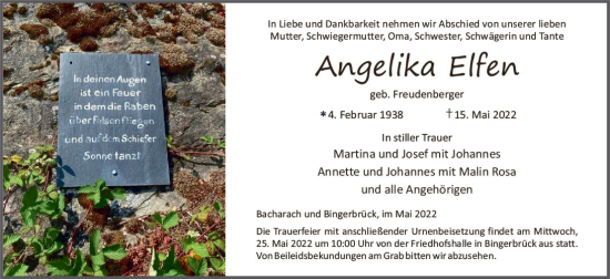 Traueranzeige von Angelika Elfen von vrm-trauer Allgemeine  Zeitung Ingelheim-Bingen