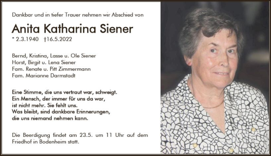Traueranzeige von Anita Katharina Siener von vrm-trauer AZ Mainz
