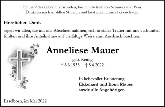 Traueranzeige von Anneliese Mauer von vrm-trauer Allgemeine Zeitung Alzey