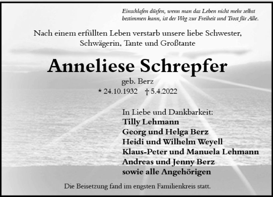 Traueranzeige von Anneliese Schrepfer von vrm-trauer AZ Mainz