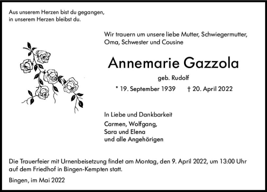 Traueranzeige von Annemarie Gazzola von vrm-trauer Allgemeine  Zeitung Ingelheim-Bingen