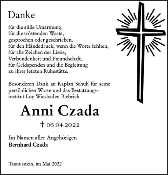 Traueranzeige von Anni Czada von vrm-trauer Wiesbadener Kurier