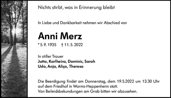 Traueranzeige von Anni Merz von vrm-trauer Wormser Zeitung