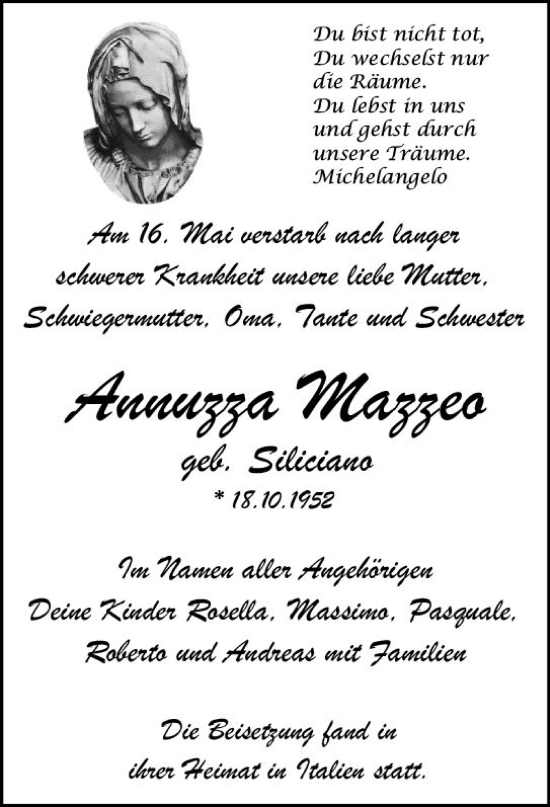 Traueranzeige von Annuzza Mazzeo von vrm-trauer Bergsträßer Anzeiger