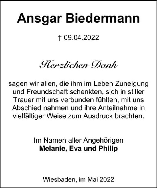 Traueranzeige von Ansgar Biedermann von vrm-trauer Wiesbadener Kurier