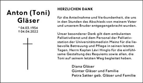 Traueranzeige von Anton  Gläser von vrm-trauer AZ Mainz