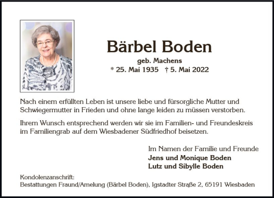 Traueranzeige von Bärbel Boden von vrm-trauer Wiesbadener Kurier