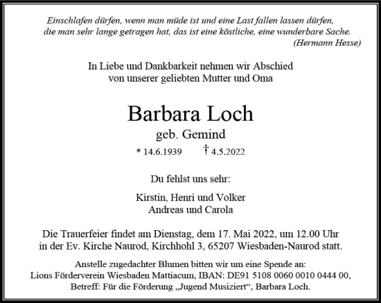 Traueranzeige von Barbara Loch von vrm-trauer Wiesbadener Kurier