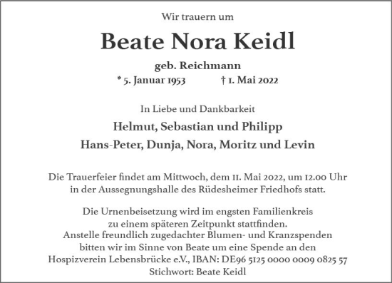 Traueranzeige von Beate Nora Keidl von vrm-trauer Wiesbadener Kurier
