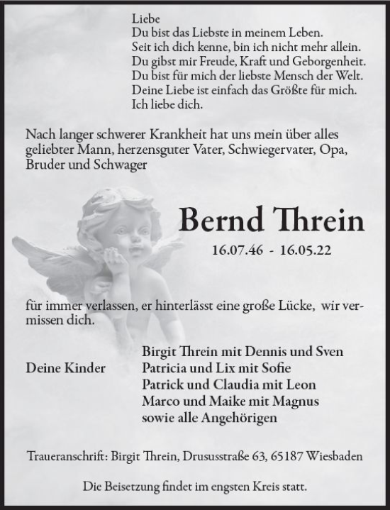 Traueranzeige von Bernd Threin von vrm-trauer Wiesbadener Kurier