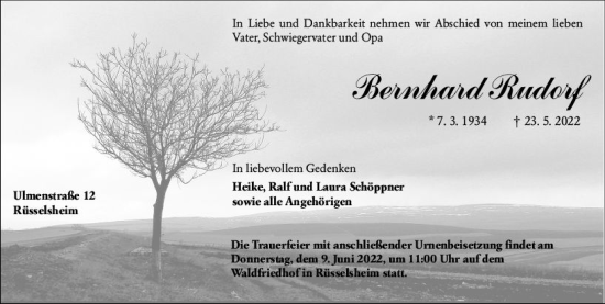 Traueranzeige von Bernhard Rudorf von vrm-trauer Rüsselsheimer Echo / MainSpitze