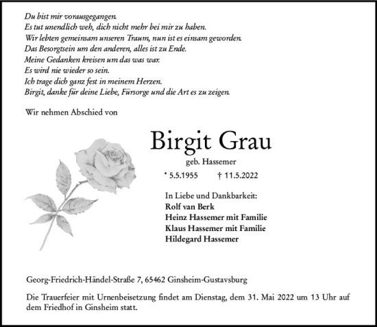 Traueranzeige von Birgit Grau von vrm-trauer Rüsselsheimer Echo / MainSpitze