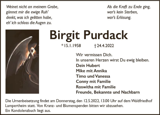 Traueranzeige von Birgit Purdack von vrm-trauer Bürstädter/Lamperth. Ztg/Starkenburger