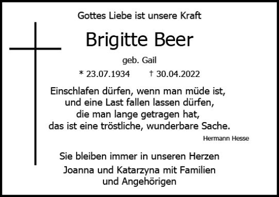 Traueranzeige von Brigitte Beer von vrm-trauer Darmstädter Echo