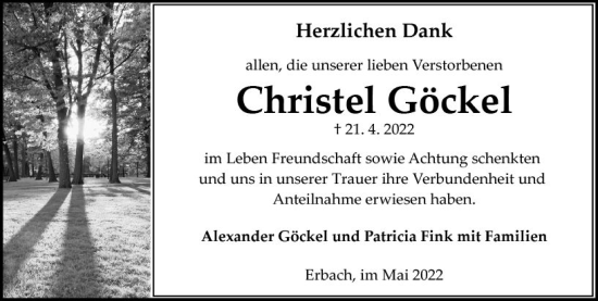 Traueranzeige von Christel Göckel von vrm-trauer Odenwälder Echo