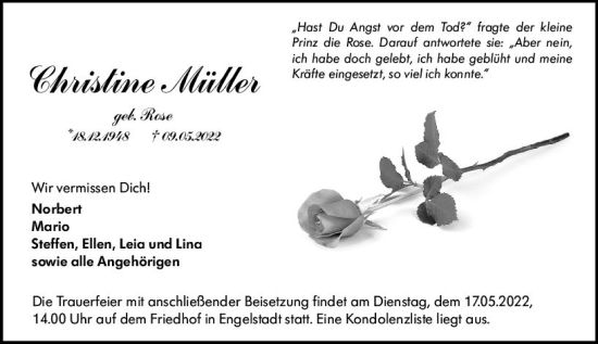 Traueranzeige von Christine Müller von vrm-trauer Allgemeine  Zeitung Ingelheim-Bingen