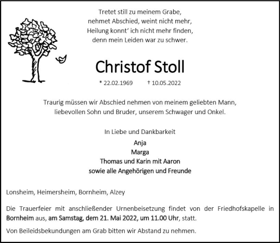 Traueranzeige von Christof Stoll von vrm-trauer Allgemeine Zeitung Alzey