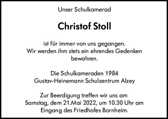 Traueranzeige von Christof Stoll von vrm-trauer Allgemeine Zeitung Alzey