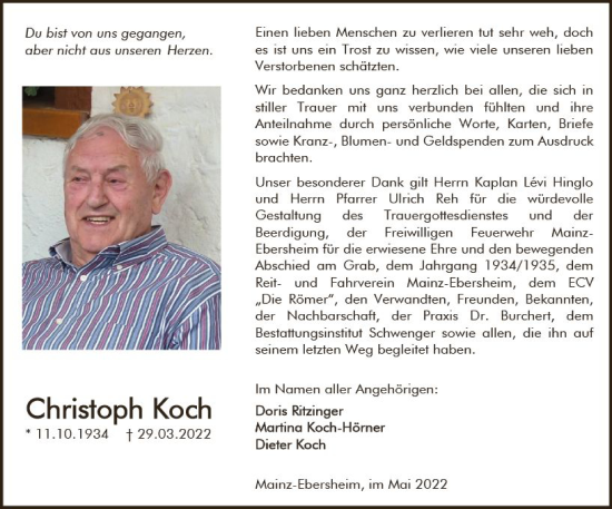 Traueranzeige von Christoph Koch von vrm-trauer AZ Mainz
