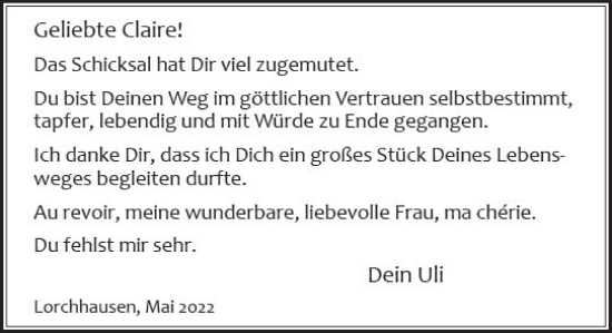 Traueranzeige von Claire Porcellana von vrm-trauer Wiesbadener Kurier