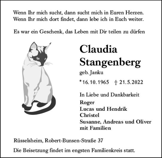 Traueranzeige von Claudia Stangenberg von vrm-trauer Rüsselsheimer Echo / MainSpitze