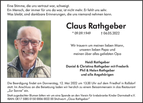 Traueranzeige von Claus Rathgeber von vrm-trauer Darmstädter Echo