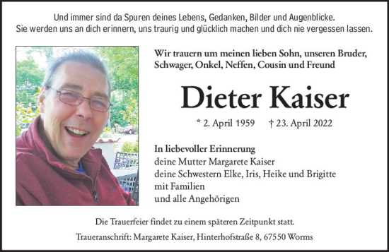 Traueranzeige von Dieter Kaiser von vrm-trauer Wormser Zeitung
