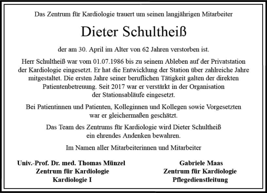 Traueranzeige von Dieter Schultheiß von vrm-trauer AZ Mainz
