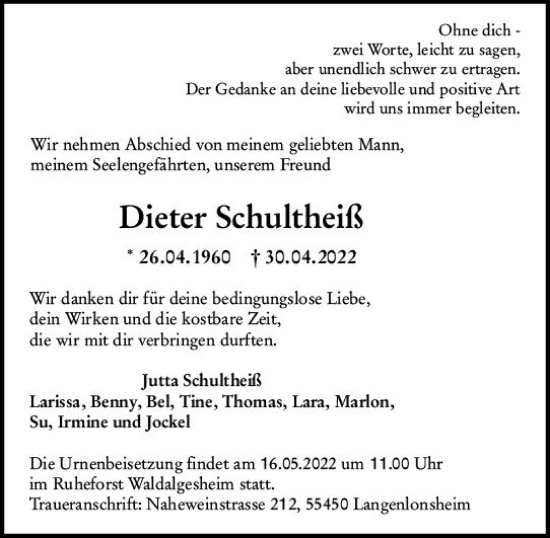 Traueranzeige von Dieter Schultheiß von vrm-trauer AZ Mainz