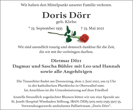 Traueranzeige von Doris Dörr von vrm-trauer Wiesbadener Kurier