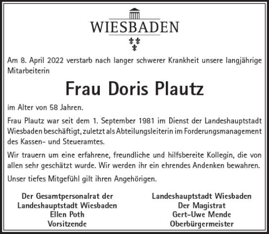 Traueranzeige von Doris Plautz von vrm-trauer Wiesbadener Kurier