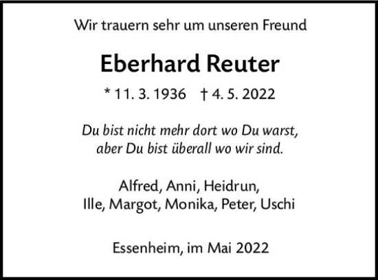 Traueranzeige von Eberhard Reuter von vrm-trauer AZ Mainz
