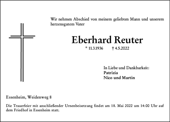 Traueranzeige von Eberhard Reuter von vrm-trauer AZ Mainz