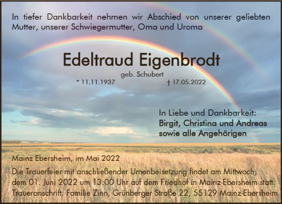 Traueranzeige von Edeltraud Eigenbrodt von vrm-trauer AZ Mainz