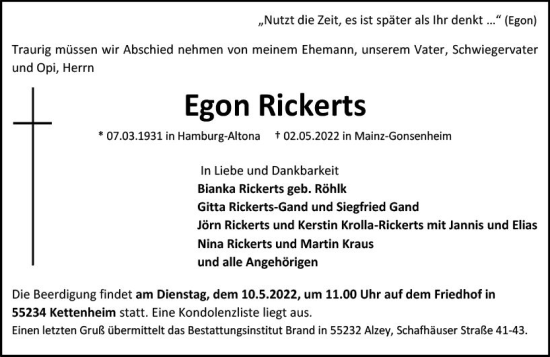 Traueranzeige von Egon Rickerts von vrm-trauer Allgemeine Zeitung Alzey