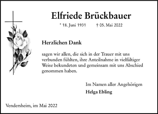 Traueranzeige von Elfriede Brückbauer von vrm-trauer Allgemeine Zeitung Alzey