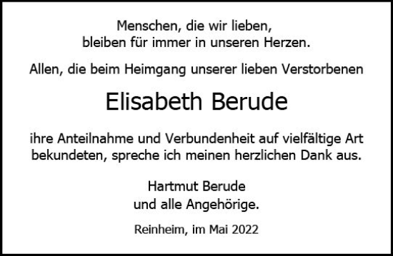 Traueranzeige von Elisabeth Berude von vrm-trauer Darmstädter Echo