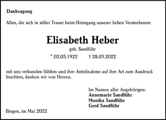 Traueranzeige von Elisabeth Heber von vrm-trauer Allgemeine  Zeitung Ingelheim-Bingen