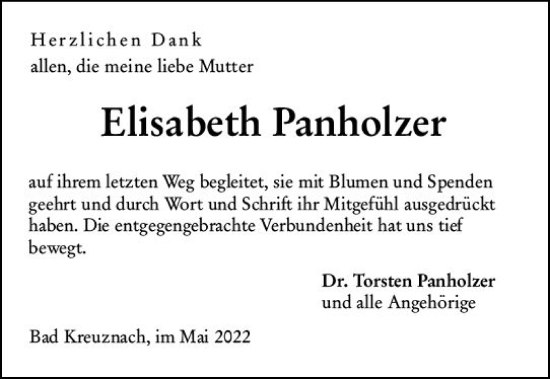 Traueranzeige von Elisabeth Panholzer von vrm-trauer Allg. Zeitung Bad Kreuznach