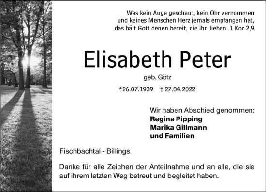 Traueranzeige von Elisabeth Peter von vrm-trauer Darmstädter Echo