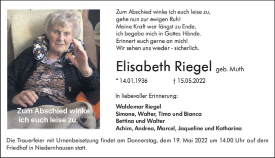 Traueranzeige von Elisabeth Riegel von vrm-trauer Darmstädter Echo